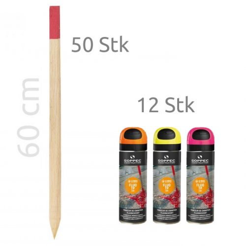 50 Stk Vermessungspflöcke aus Buchenholz - 60 cm + 12 Stk Markierspray Soppec Fluo TP neon-sprühfarbe